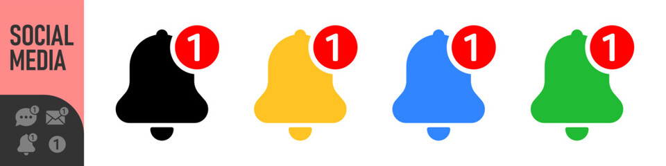 Set of notification icons for email, bell, and chat message with red alert or notification badge (number one). Perfect for new messages, alerts, and updates, social media, communication icons