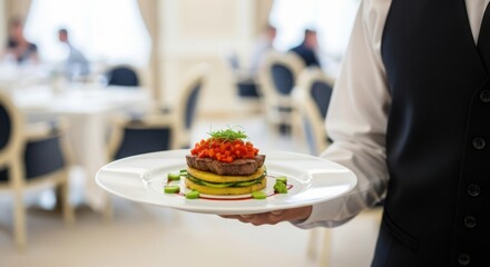 Elegant gourmet dish presented by waiter in fine dining restaurant ambiance