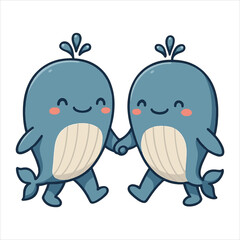 Adorable Cartoon Whales Holding Hands Smiling and Walking Together in Friendship.