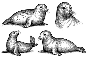 Seal poses and portraits in detailed pen sketch style, Transparent Background