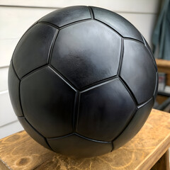 A close up of a matte black soccer ball resting on a light brown wooden surface indoors shot well