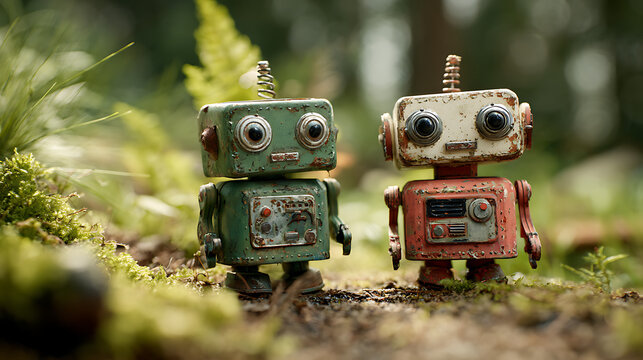 Two tiny rusted robots stand in mossy forest floor vintage toys