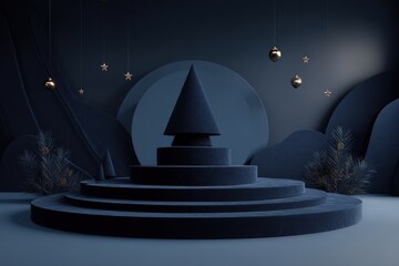 Stylized dark blue holiday display features tiered pedestal below abstract backdrop elements