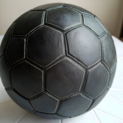 A close up shot of a black soccer ball with white stitching on a white surface indoors view