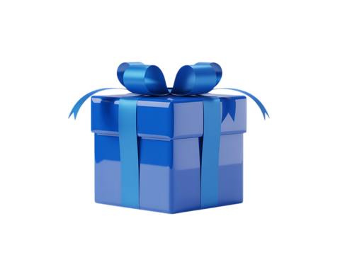 A vibrant blue gift box with a satin ribbon and bow, isolated on a transparent background, perfect for celebrations