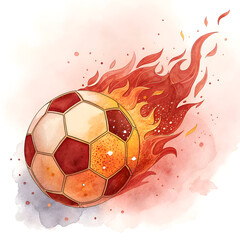 Watercolor painting of a soccer ball engulfed in flames with red and orange hues on a white background