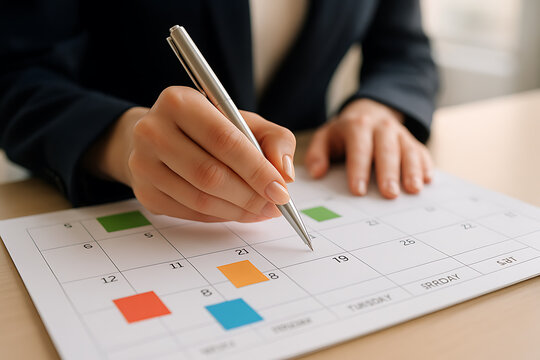 Corporate concept of time management with entrepreneur marking calendar for appointments meetings productivity and daily organization