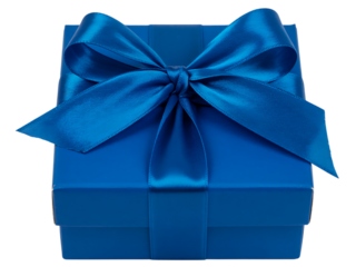 A vibrant blue gift box with a satin ribbon and bow, isolated on a transparent background