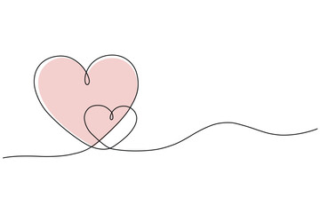 Fototapeta premium Continuous line art drawing of two hearts, one pink, symbolizing love and connection