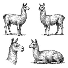Obraz premium Alpaca sketches in realistic vintage engraving style with standing and sitting poses, Transparent Background