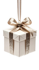 Elegant white gift box with golden ribbon and bow.
