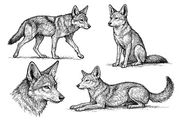 Wolf sketches in detailed vintage engraving style with natural poses, Transparent Background