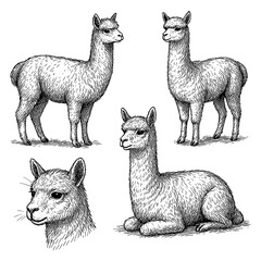 Obraz premium Alpaca sketches in realistic vintage engraving style with standing and sitting poses, Transparent Background