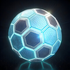A futuristic soccer ball with glowing blue lines and hexagonal patterns on a dark background art
