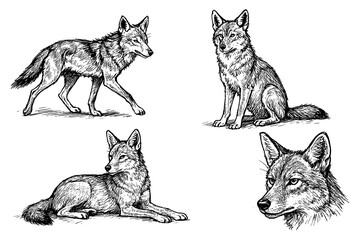 Wolf sketches in detailed vintage engraving style with natural poses, Transparent Background