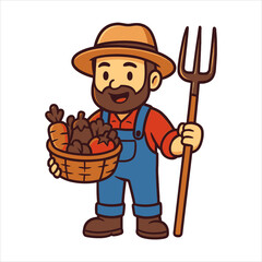 Cheerful Cartoon Farmer Character Holding a Basket of Fresh Vegetables and a Pitchfork, Ready for Harvest