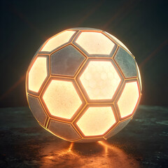 Illuminated soccer ball with hexagonal and pentagonal panels on a dark reflective surface