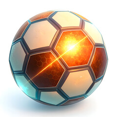 A close up view of a soccer ball with an orange glow emanating from its center on white background