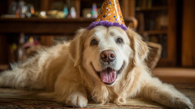 Happy golden retriever dog celebrating at a colorful birthday party with balloons, party hats, confetti, and festive decorations for fun pet celebration and joyful moments