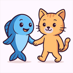 Naklejka premium Cartoon Fish and Cat Friends Holding Hands Walking Together Happily.