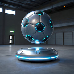 A futuristic soccer ball levitating above a circular platform in a modern indoor environment