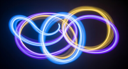 Swirling neon light trails blue purple yellow abstract
