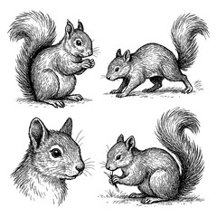 Squirrel sketches in realistic vintage engraving style with multiple poses, Transparent Background