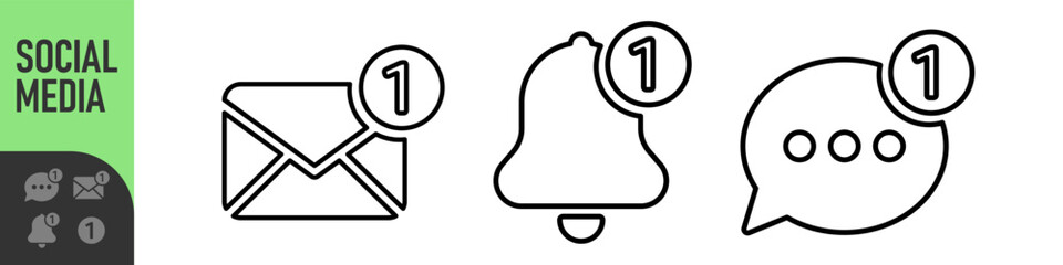 Set of notification icons for email, bell, and chat message with red alert or notification badge (number one). Perfect for new messages, alerts, and updates, social media, communication icons