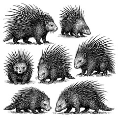 Porcupine poses with bristling quills in detailed pen sketch style, Transparent Background