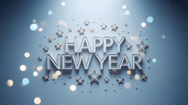 Elegant silver happy new year text with sparkling bokeh lights and star decorations