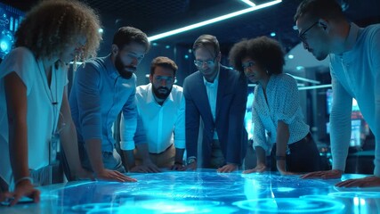 Team meets command center for mission. Collaboration around technology builds hologram with data. Visualization guides cybersecurity. Hologram tools drive teamwork on center mission planning. - Powered by Adobe