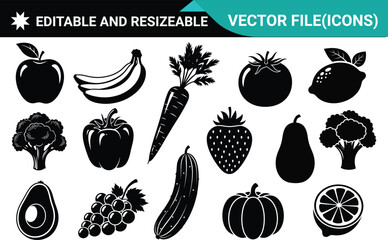 Black Silhouette Fruit and Vegetable Collection .