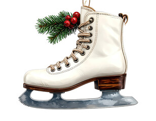White figure skate ornament with festive pine and red berries decoration.