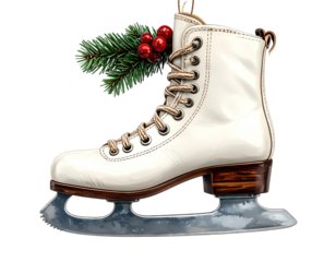 White figure skate ornament with festive pine and red berries decoration.