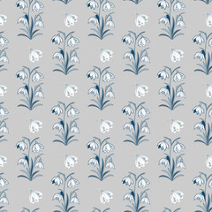Patterned Snowdrop Floral Wallpaper With Blue White Blooms On Grey Background for Design Projects