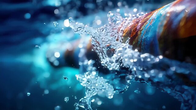Abstract underwater view of a pipe with colorful reflections and water splashes, symbolizing energy and motion