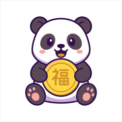 Cartoon Panda Holding Golden Coin with Chinese Symbol for Good Fortune.