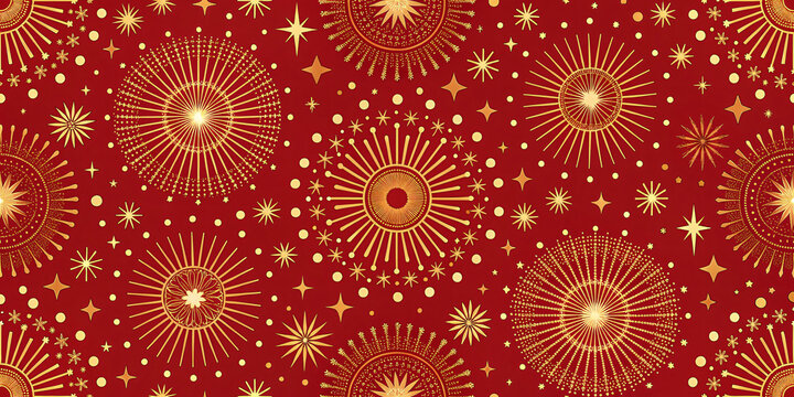 Elegant gold celestial pattern with stars and sunbursts, perfect for holiday greetings or luxurious festive backgrounds and upscale seasonal designs