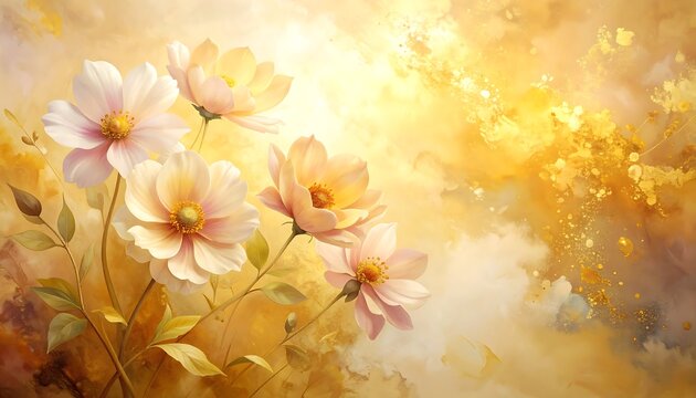 Ethereal floral arrangement with soft pink petals against a golden, abstract background