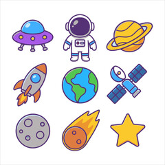 A charming collection of cartoon space-themed illustrations featuring an astronaut, planets, rockets, and UFOs for playful designs