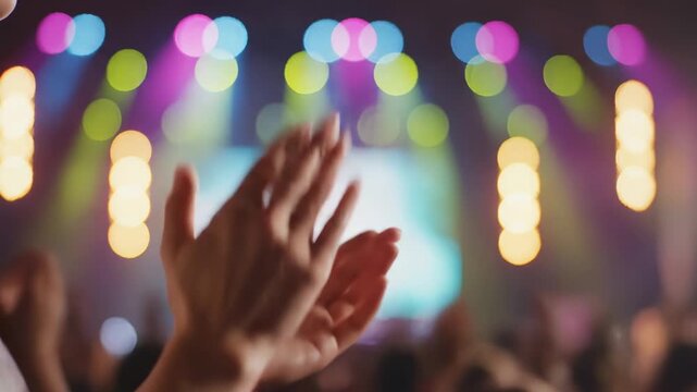 Close up of a person clapping hands in a crowd during a music festival performance, with a colorful bokeh background of stage lights creating an energetic and exciting atmosphere