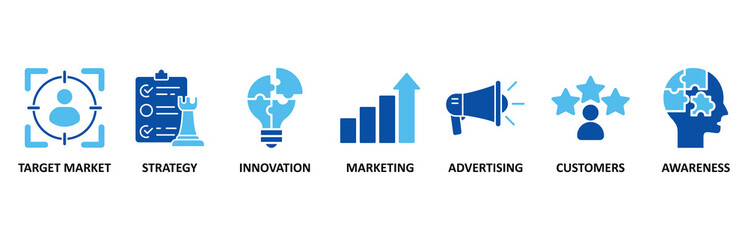 Brand icon set In Blue Style vector illustration for target market, strategy, innovation, marketing, advertising, customers, and awareness