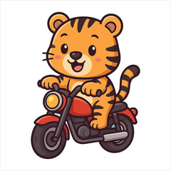 Cartoon Tiger Cub Riding a Red Motorcycle with a Cheerful Expression.