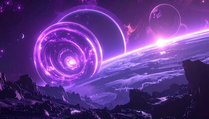 Ethereal purple space vista with glowing portal and distant planets above a rocky, alien landscape