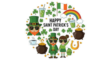 Fototapeta premium Happy Saint Patrick's Day illustration with leprechauns, shamrocks, pots of gold, and a rainbow.