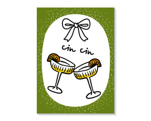 Festive cin cin cocktail glasses illustration with ribbon bow, celebratory cheers drink art, stylish holiday toast design in modern hand-drawn vector style