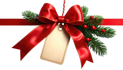 Elegant Red Ribbon Bow With Gift Tag And Festive Greenery Decoration.
