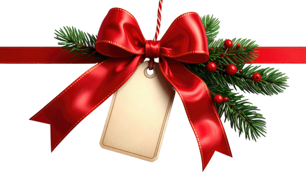 Elegant Red Ribbon Bow With Gift Tag And Festive Greenery Decoration.