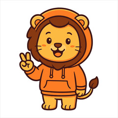 Cheerful Cartoon Lion Wearing Orange Hoodie Giving Peace Sign.