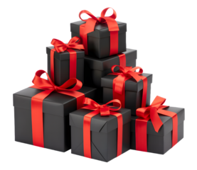 Stack of black gift boxes with red ribbons and bows isolated on transparent background